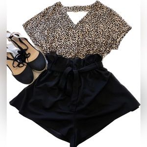 95% Polyester black  casual elastic waist walking shorts